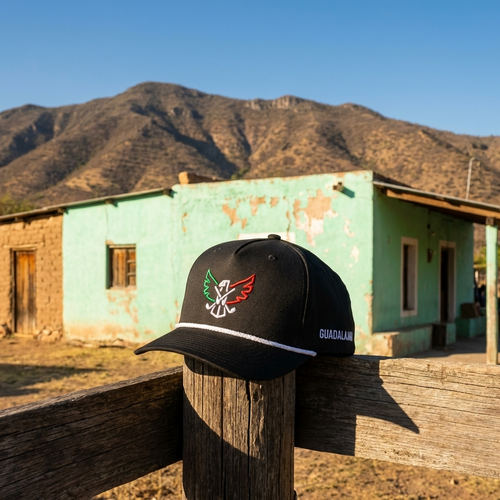 Black cap with a mexican golf logo on a wooden post in front of a rustic building with mountains in the background