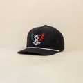 A black structured trucker-style cap with a curved brim, featuring a colorful embroidered logo on the front panel with green, white, red, and black details, set against a solid beige background.