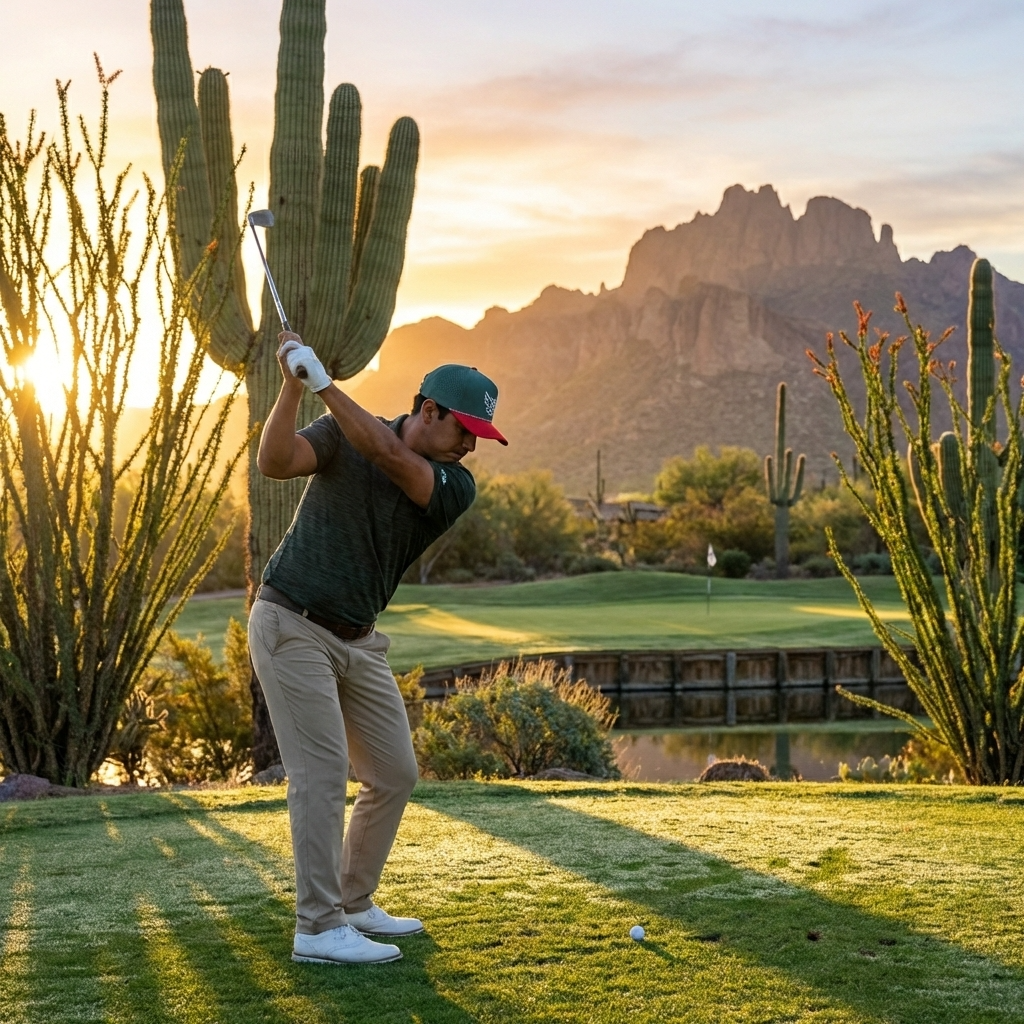 Golfer swinging a club on a golf course with cacti and mountains in the background.